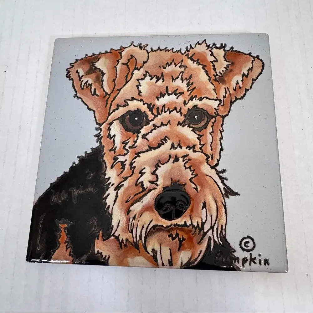 Hand Painted Pumpkin Tile Airedale Terrier Dog 6x6 Trivet Kitchen